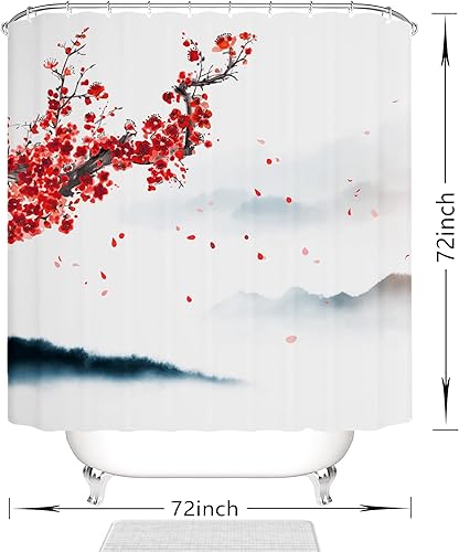 Miniatura 7 de Cortina de ducha con diseño de flor de cerezo rosa, juego de cortina de ducha japonesa Sakura floral, cortinas de ducha de flores de cerezo con