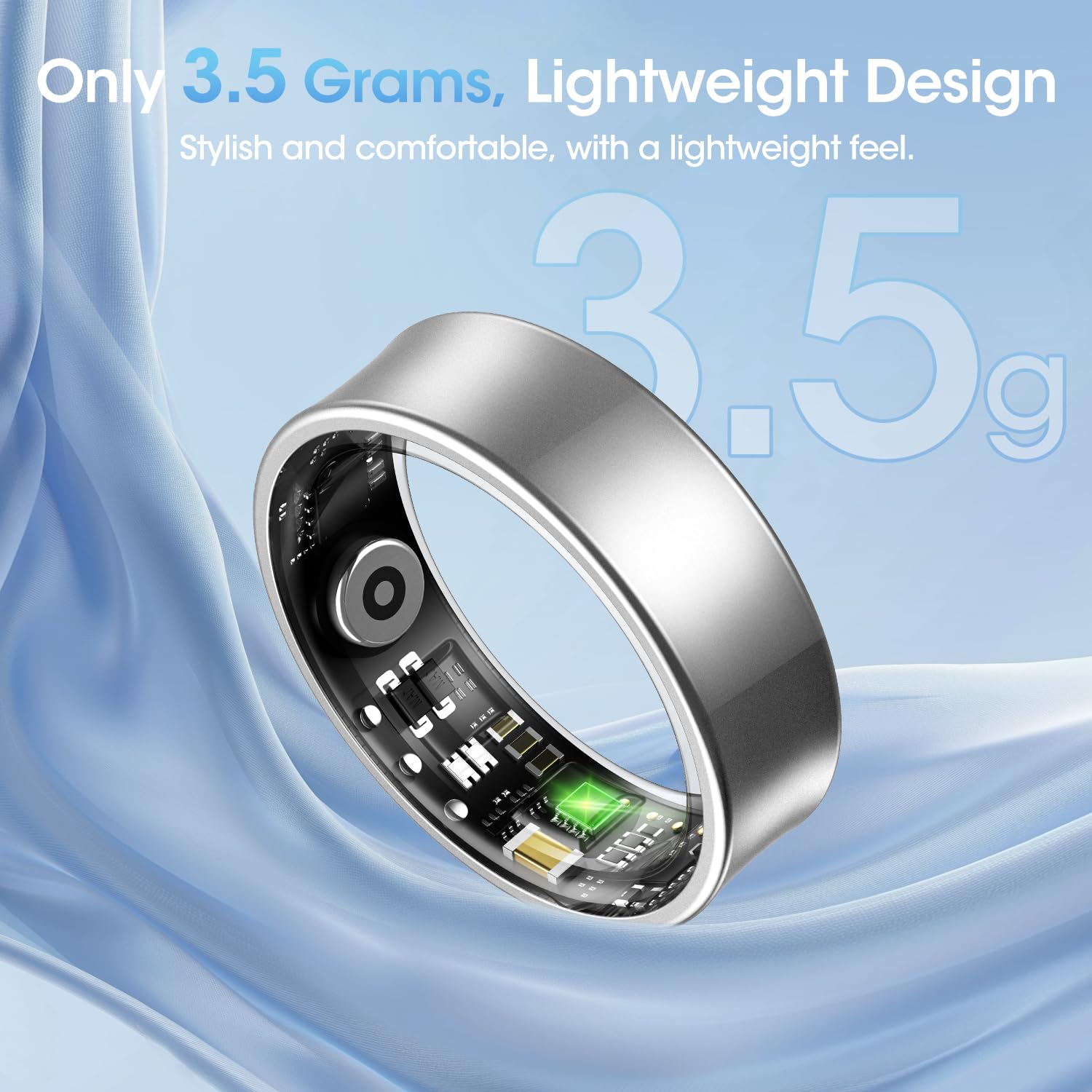 NAIXUES Smart Ring Uomo Donna, Anello Smart Fitness con Controllo Gestuale/Frequenza Cardiaca(HRV)/SpO2/Sonno/170+ Modalità Sport Impermeabil 5ATM, Smartwatch per Android e iOS, Misura 10, Argento