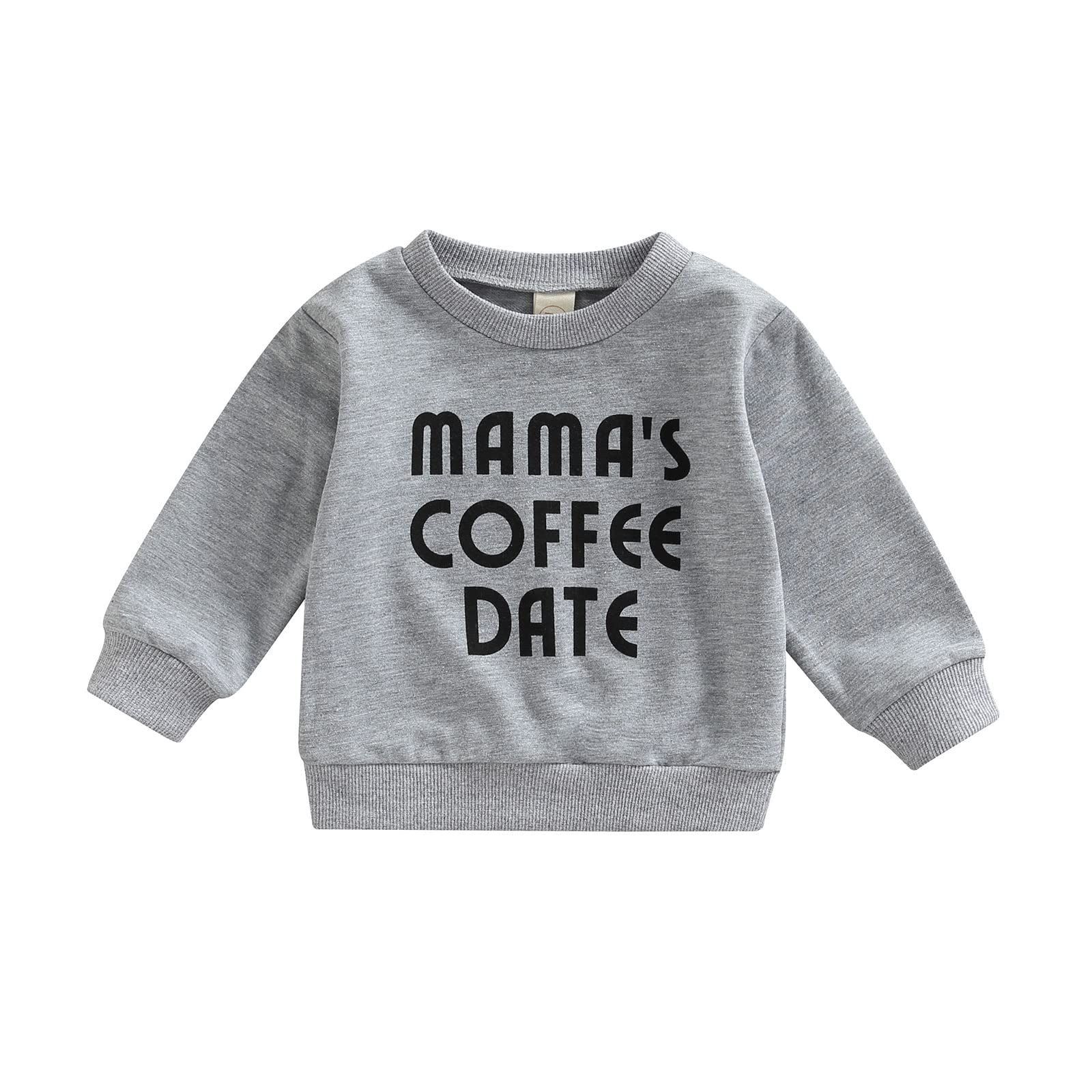 BULINGNA Toddler Baby Girl Boy Long Sleeve Mama‘s Coffee Date Funny Letters Print Crewneck Sweatshirt Oversized Pullovers (Gray, 3-6 Months)