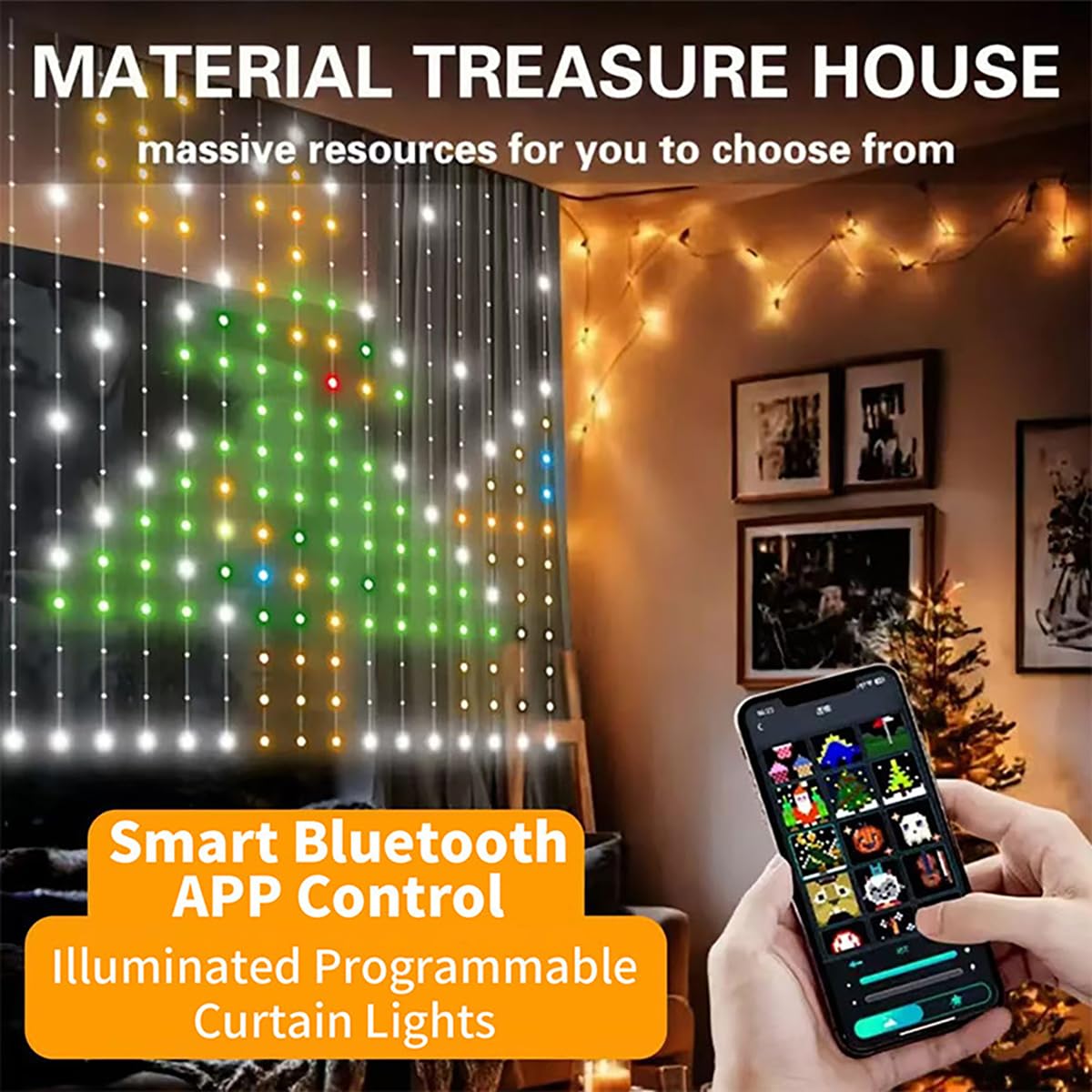 Tenda Luminosa Intelligente Natalizia da Esterno, 400 RGB LED con App e Telecomando, Telecomando e App, Motivi DIY, Ideale per Decorazioni Natalizie e Festa (1 * 1m)