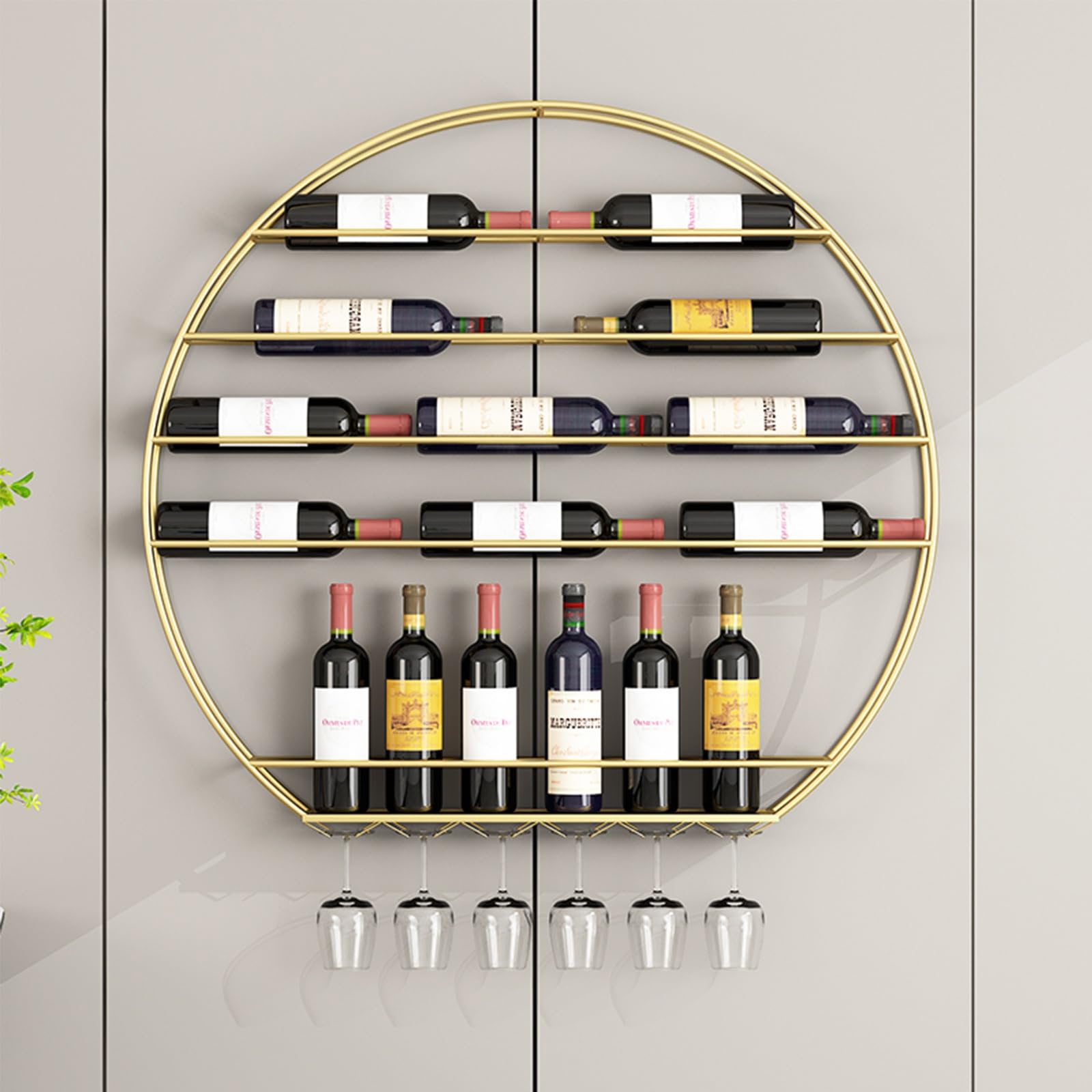 Casier à vin mural circulaire doré avec porte-verre pour salon