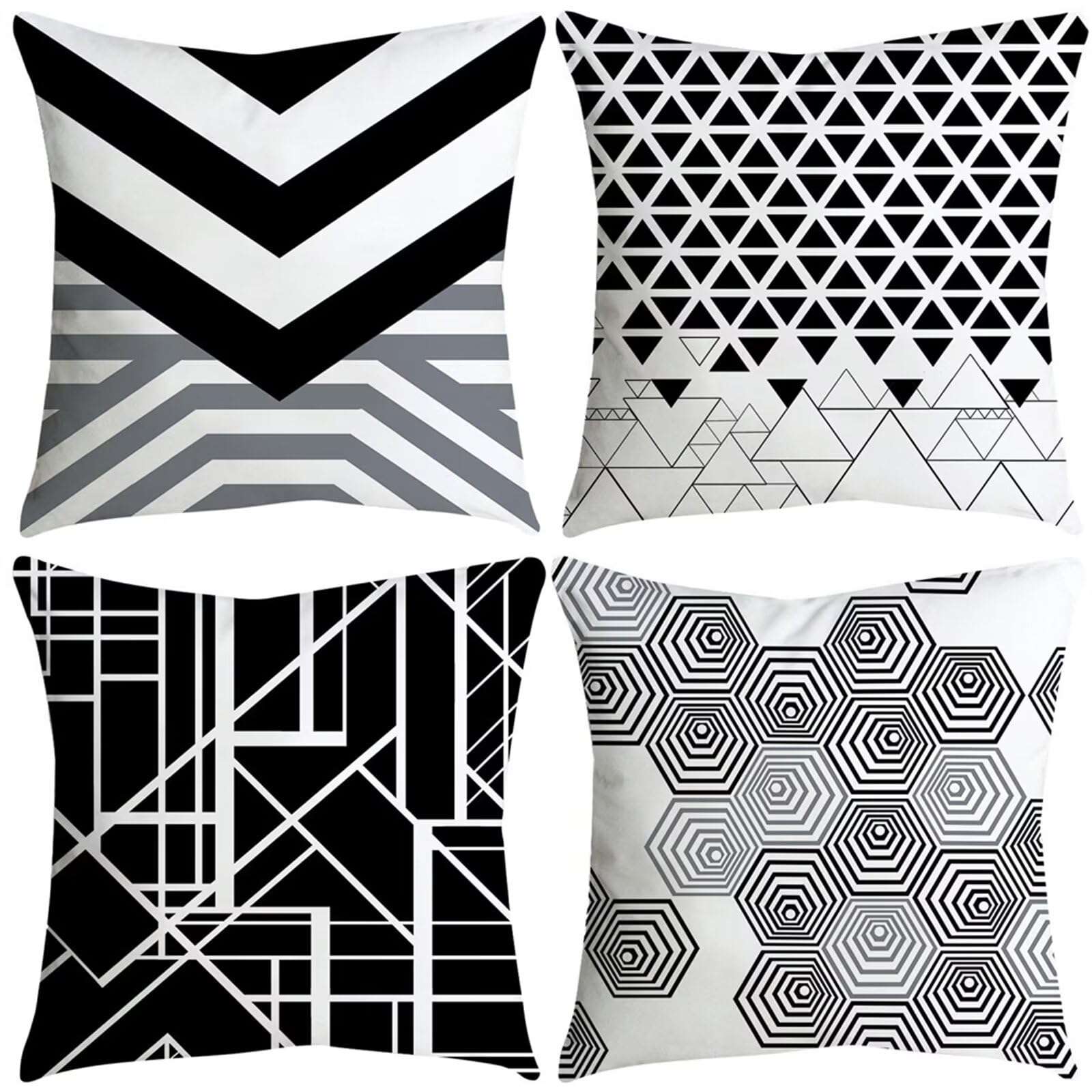 Juego de 4 Impermeable Funda de Cojín Geometría negra y gris,55x55cm Moderno Suave Transpirables Lino Fundas de Almohada Cojines Decorativos con Cremallera Oculta para Exterior Sofá Cama Coche Hogar