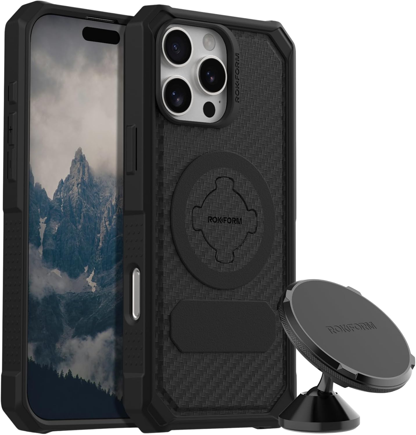 Rokform iPhone 16 Pro Max Rugged Case + Magnetic Swivel Dash Phone Mount for Car, Truck, or Van