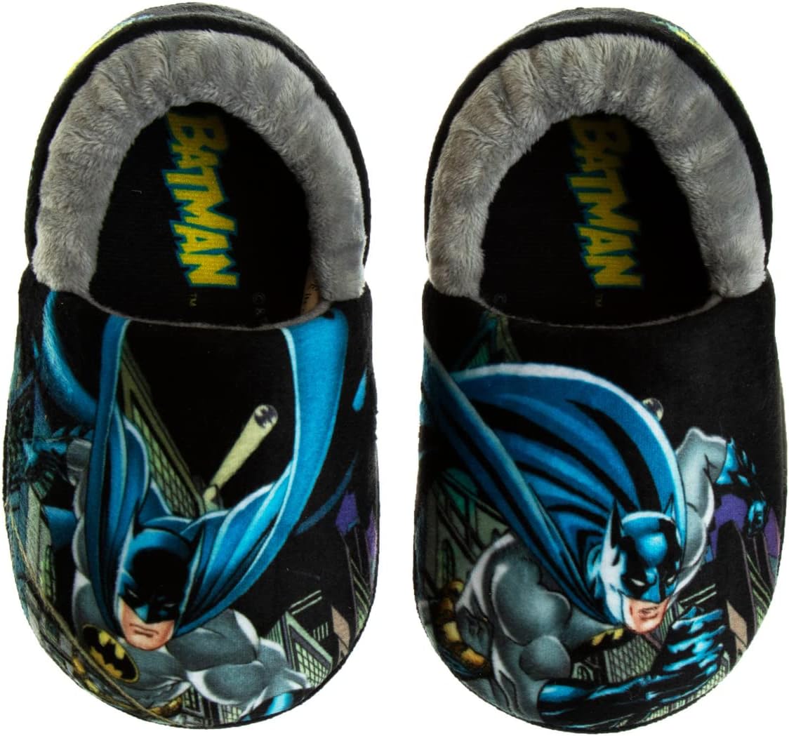 Josmo Boy's Batman Slipper Dark Knight Superhero Lightweight Comfort Soft Aline Plush House Shoes, Yellow Black, 5-6 Toddler