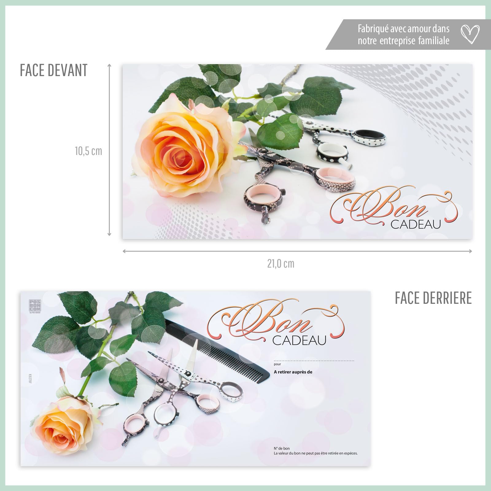 POS BON - 100 bons cadeaux à remplir avec enveloppe/nœud ruban - formulaires imprimés pour des salons de coiffure K9278F-2-100-V2