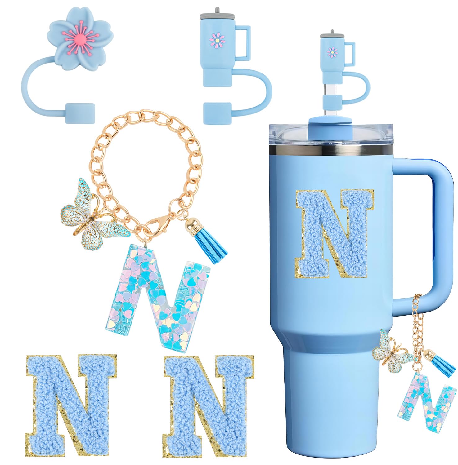 Cup Accessories for Stanley Cup 30oz 40oz, Tumbler Initials Decoration for Stanley, Including Silicone Straw Cover Cap, Handle Charm, Sticker, Blue