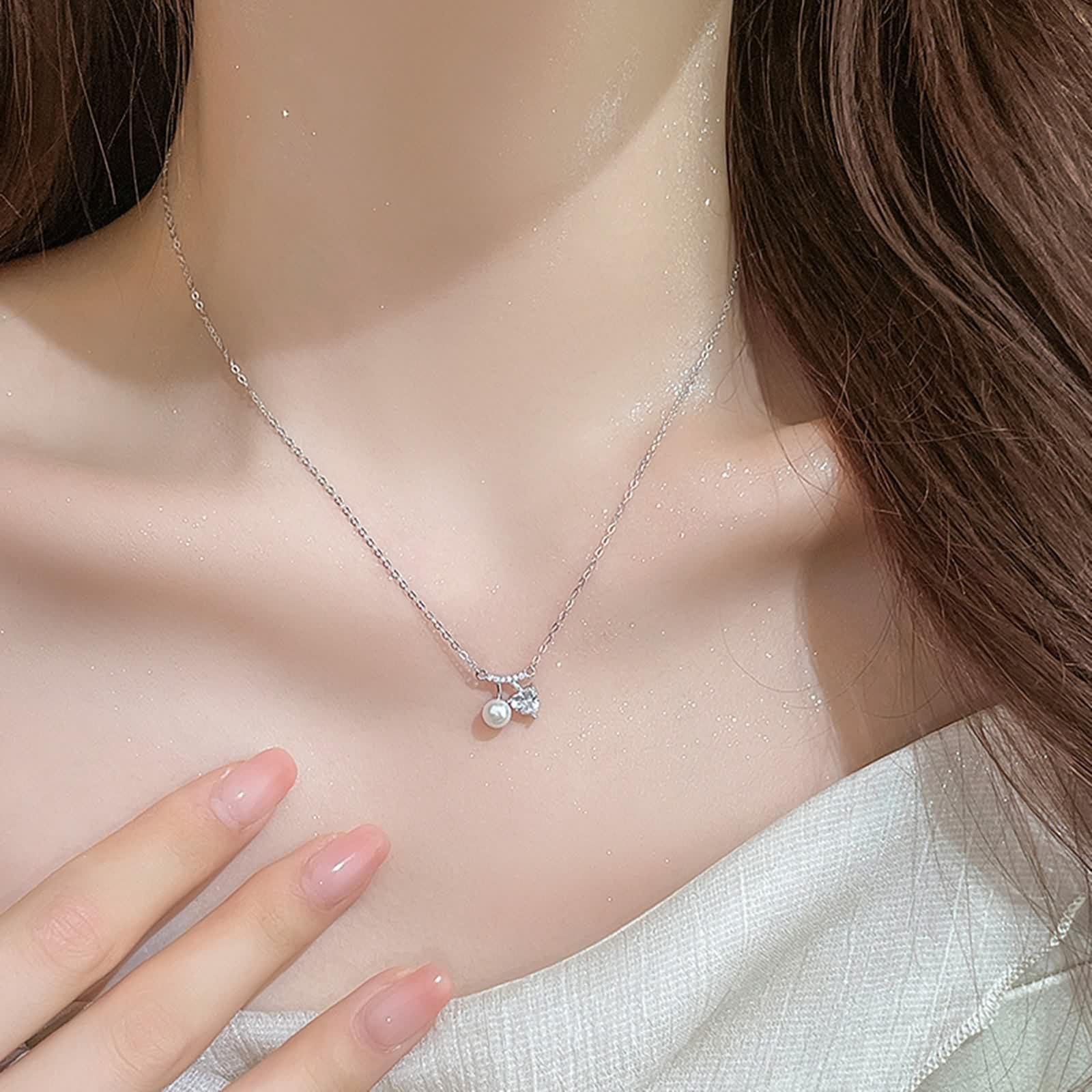 Collana Perla Lunga, Collana Donna Elegante Ciondolo Catenina Gioielli Oro Bianco 9K/14K/18K con Moissanite Amo Le Ciliegie 40+5cm