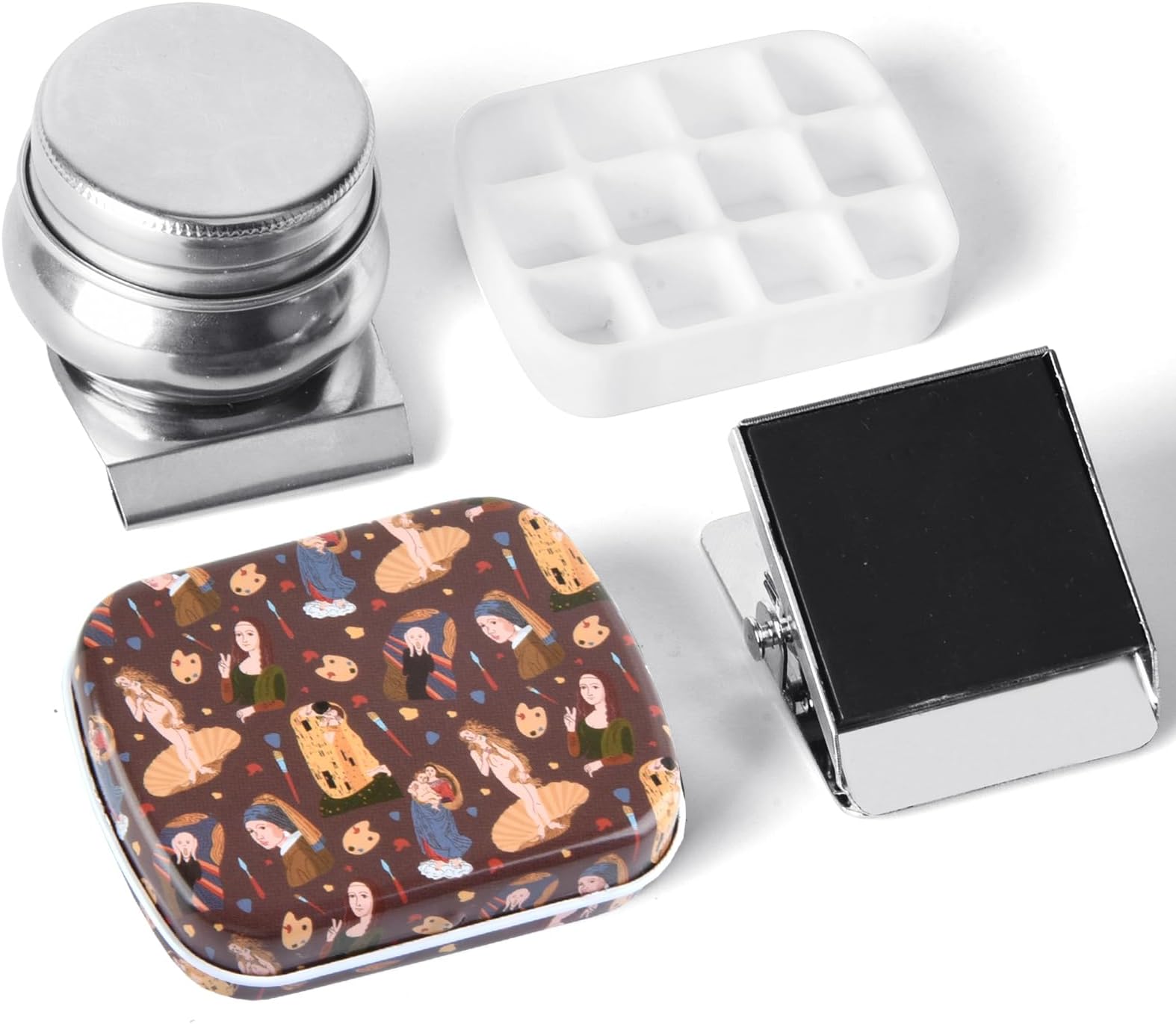 Portable Mini Tin Box,12-Well Empty Watercolor Palette,Small Paint Storage Travel Artist Outdoor Sketch Watercolor Kits with Magnetic Clip and Oil Pot.Famous Painting