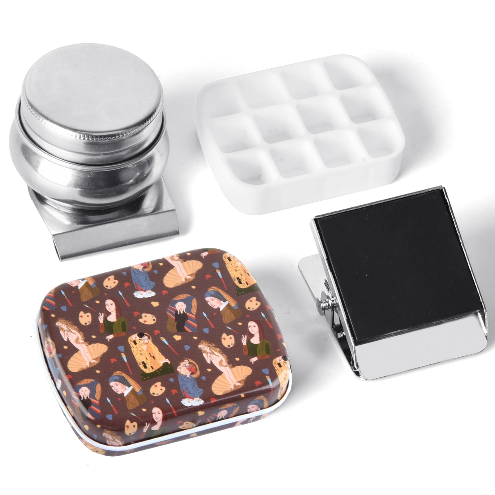 Portable Mini Tin Box,12-Well Empty Watercolor Palette,Small Paint Storage Travel Artist Outdoor Sketch Watercolor Kits with Magnetic Clip and Oil Pot.Famous Painting