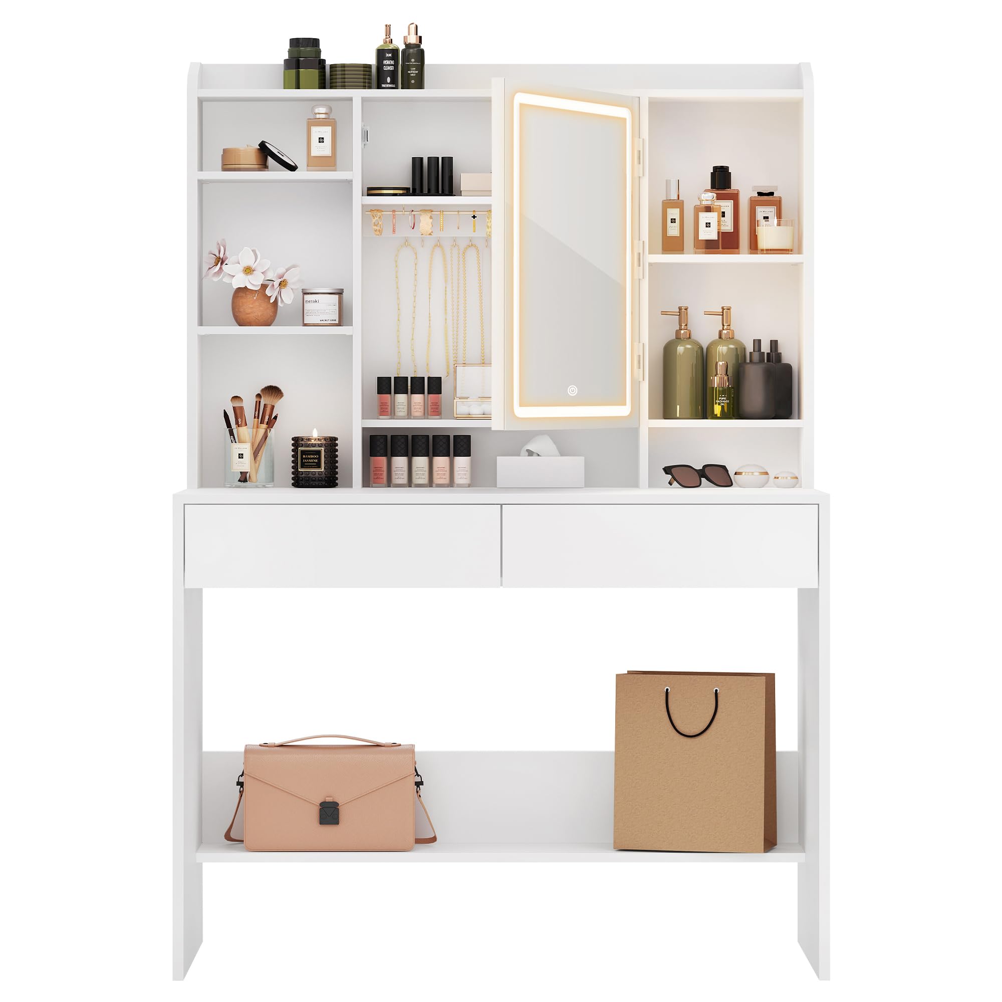 VASAGLE KAILYN Collezione - Toeletta con Luci LED 3 Colori con Luminosità Regolabile, Tavolo da Trucco con Specchio, Ripiani Regolabili, 2 Cassetti, Postazione Trucco, Bianco RDT123WB01