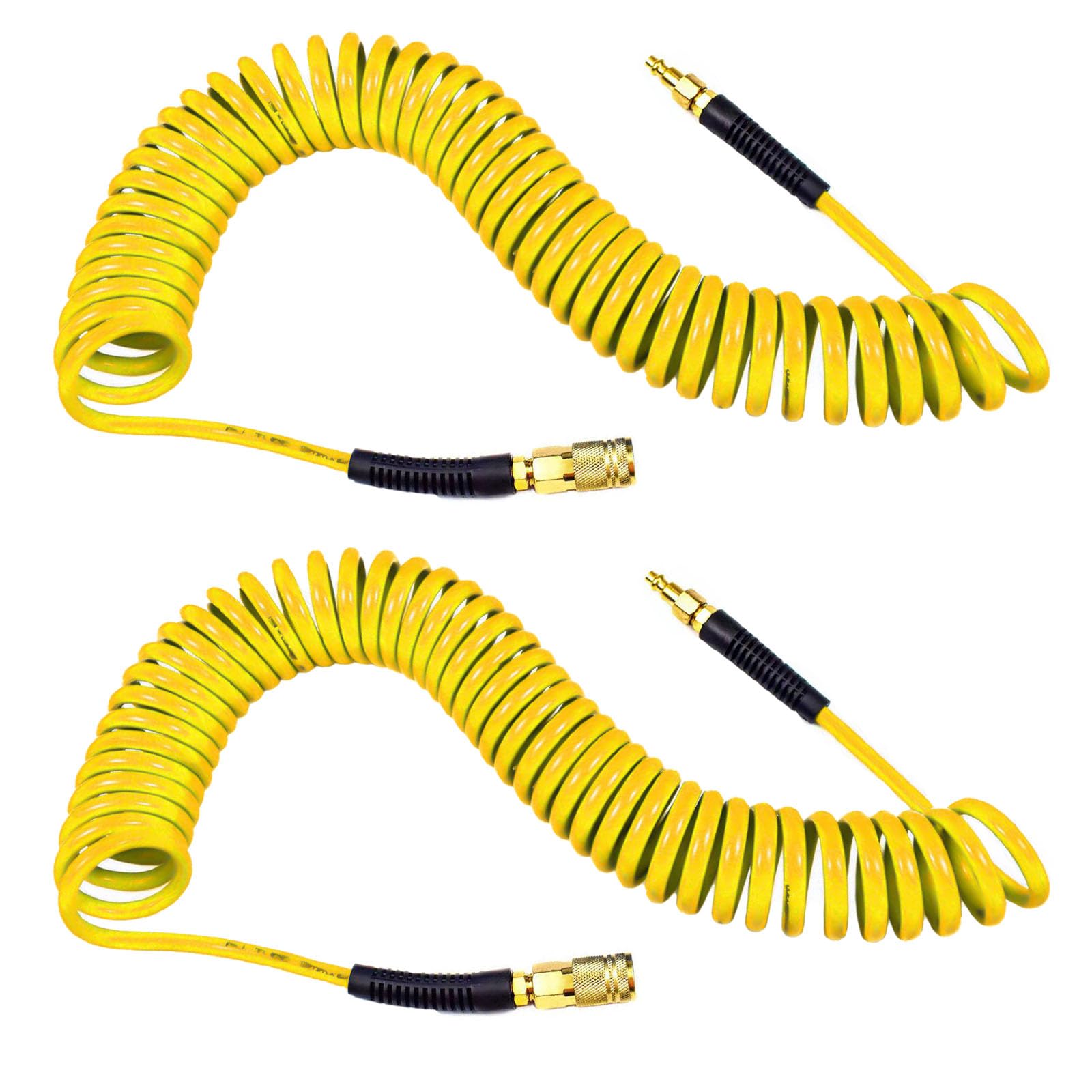 YOTOO Polyurethane Recoil Air Hose 1/4" Inner Diameter by 25' Long with Bend Restrictor, 1/4" Industrial Quick Coupler and Plug, Yellow. 2-Pack