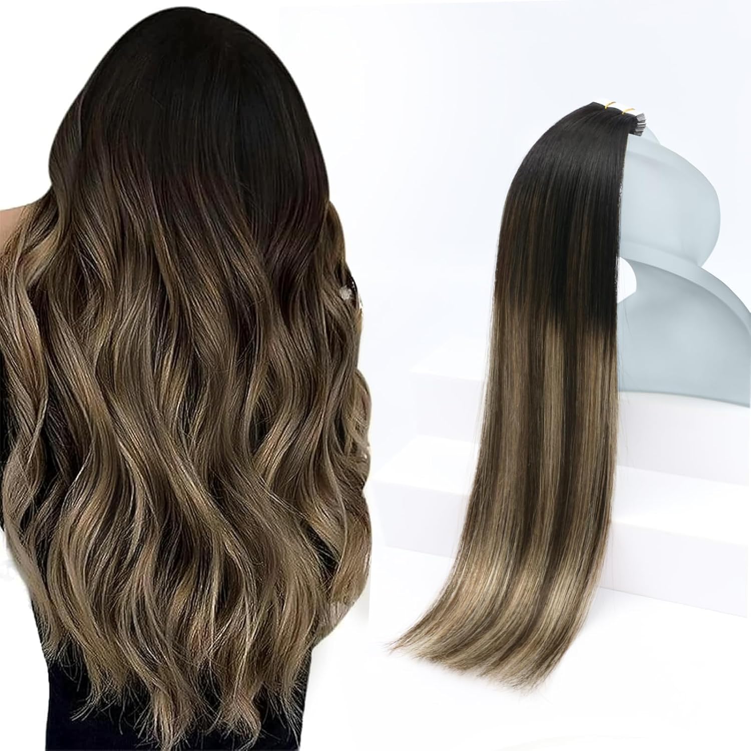 Sunny Hair Tape in Hair Extensions Real Human Hair Invisible Remy Hair Extensions Tape ins for Women Natural Black Ombre Dark Brown Balayage Ash Blonde 20 inch 20Pcs 50G