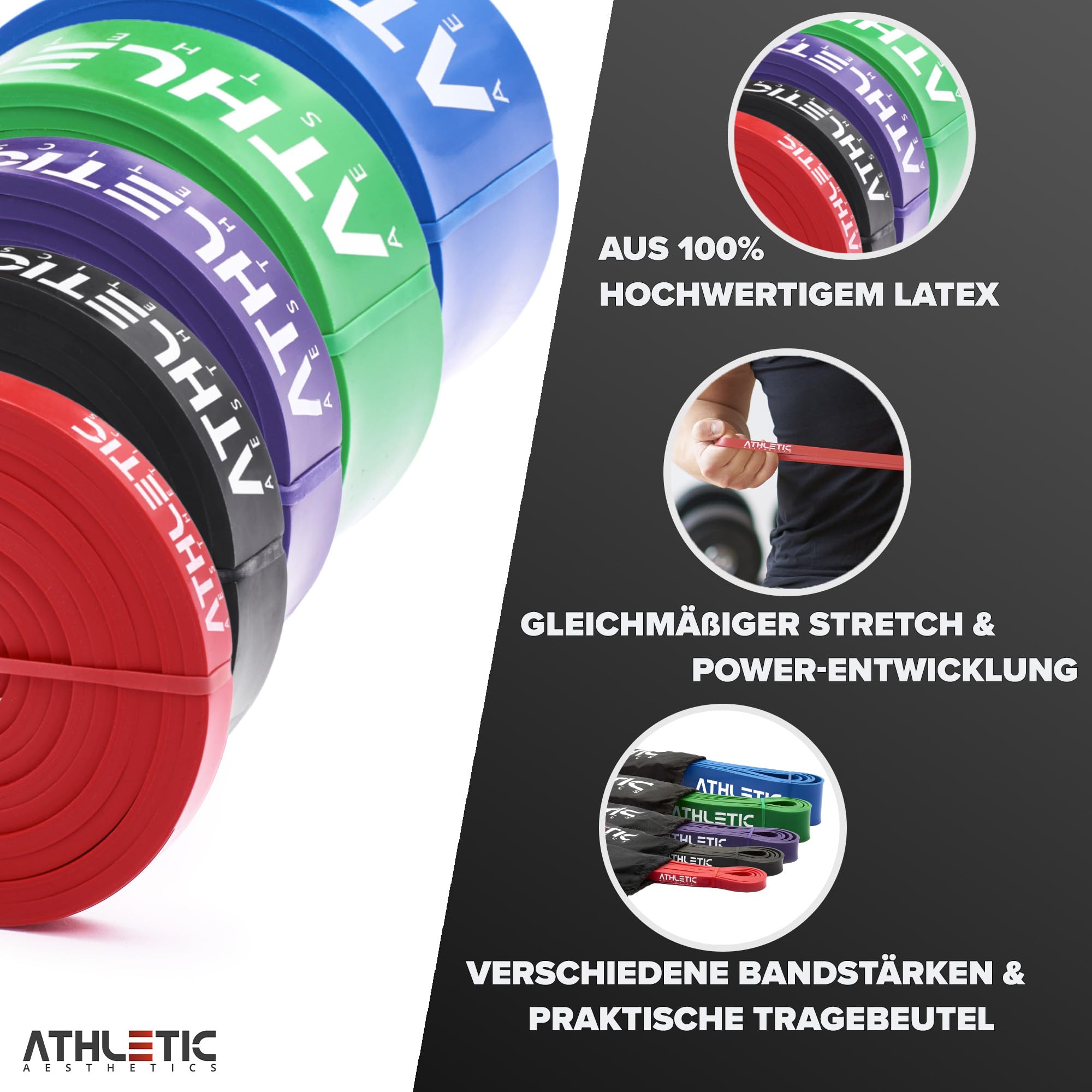 ATHLETIC AESTHETICS Taśmy oporowe premium + torba i instrukcja ćwiczeń [pojedynczo i w niedrogim zestawie] – taśmy oporowe o jakości studyjnej do treningu siłowego i fitness (5 sztuk)