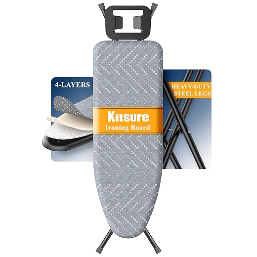 Kitsure Folding Ironing Board - Height Adjustable Iron Board in Full Size, Wobble-Free & Heavy-Duty Ironing Board with Cover and Pad for Heat Resistance, Grey, 43" L x 13" W x 35.8" H