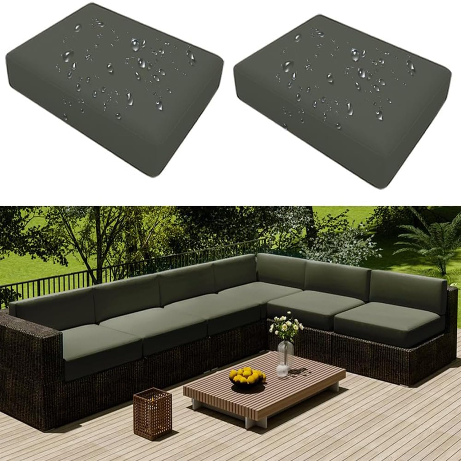 Hiseng Copriseduta Divano Impermeabile da Esterno 2 pezzi Fodera per Cuscini del Divano da Giardino con Cerniera, Coprisedile Sostitutivi Universale per Divano e Sedile (60x55x10cm,Matcha)