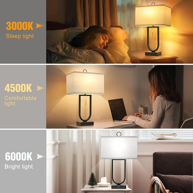 Luvkczc 24'' Table Lamps Set of 2 - Desk Lamp & Bedside Lamp, 3-Color Temperature, USB C+A Ports, Modern Nightstand Lamps for Bedroom, Living Room, Home Office, Pull Chain Switch, Includes 2 LED Bulbs photo 5