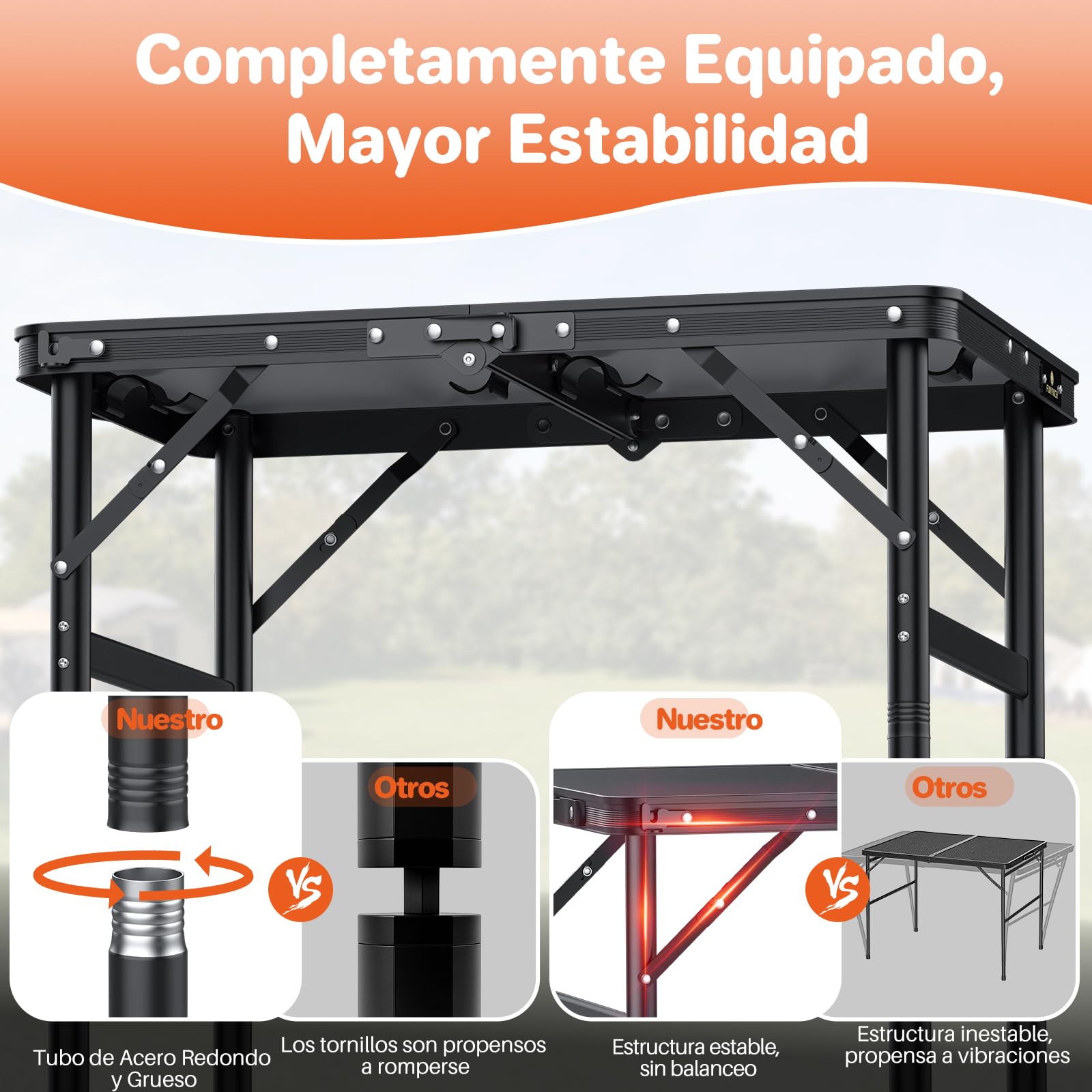 FUNYKICH Mesa Plegable Camping con Rosca 60x40cm 3 Alturas Ajustables (27/51/75cm), Mesa Plegable Portátil Aluminio, Panel de MDF, Ligera y Duradera,Bolsa de Almacenamiento, para Camping,Pesca,Hogar