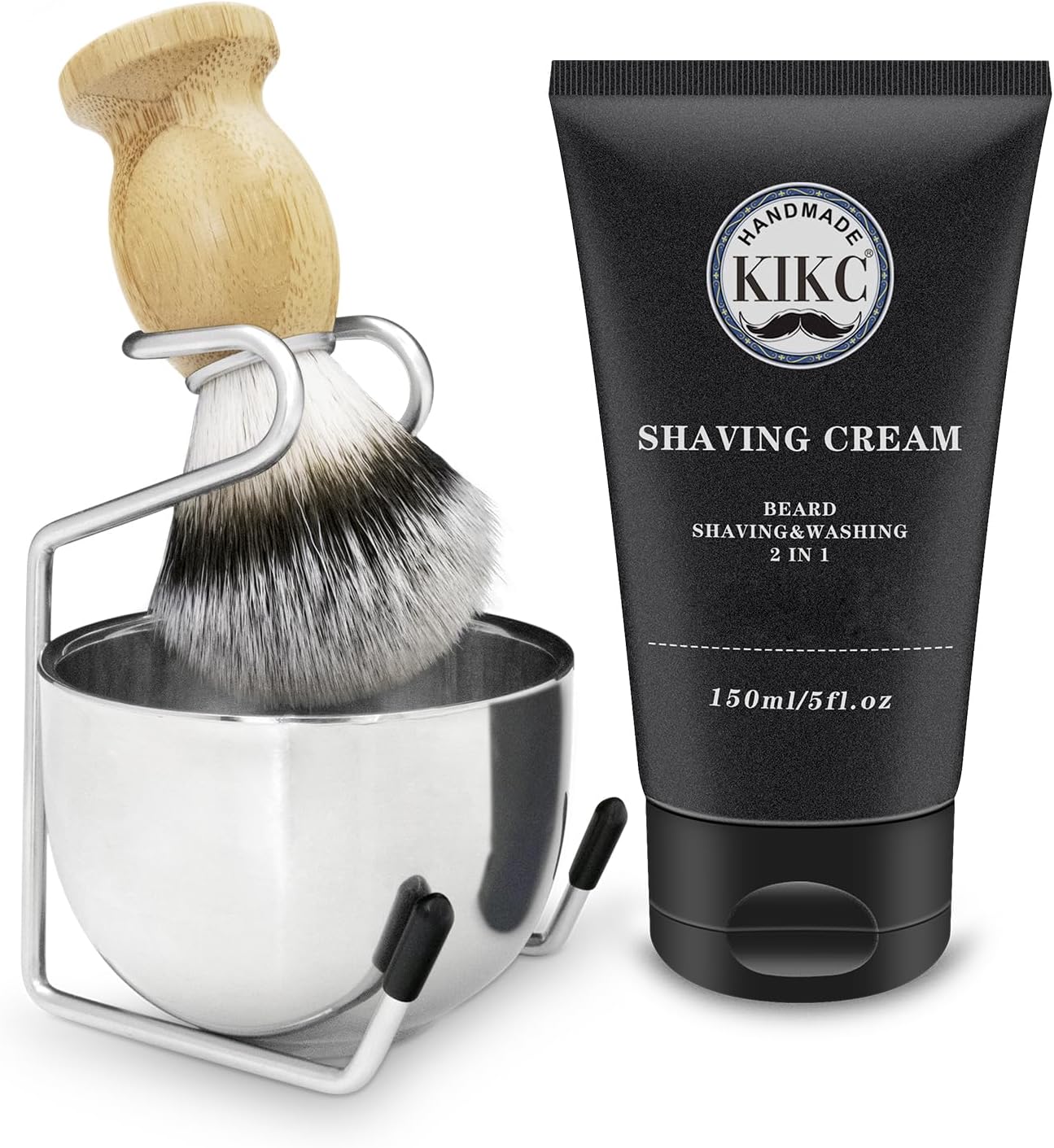 Kikc 5 in 1 Shaving Kit, Shaving Brush Kit for Men,Set Include Synthetic Shave Brush, Stainless Lathering Bowl, Shave Brush Stand, Shaving Cream, Shave Manual, Best Gift for Bearded Man,Silvery Set