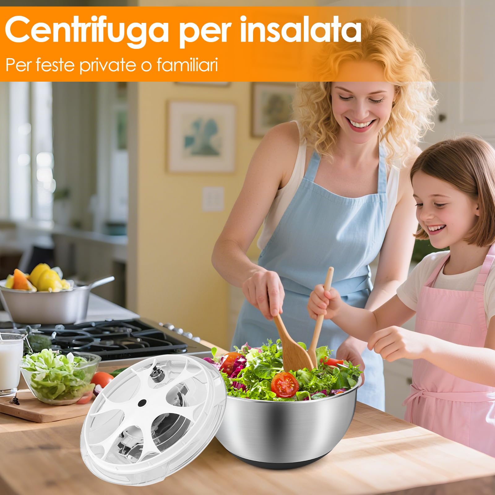 Centrifuga Insalata in Acciaio Inox, 4,5L Asciuga Insalata Centrifuga con Coperchio E Base Antiscivolo, Lava Insalata Centrifuga Ideale per Lavare E Asciugare Verdure E Pasta
