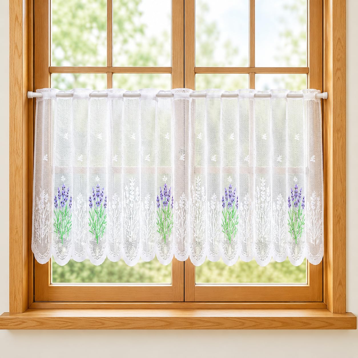Lobaake Lavender Lace Curtains for Windows, Cafe Net Curtains, Kitchen Window Curtain with a Pole for Home Décor, Cafés and Doorways (153 × 48cm)