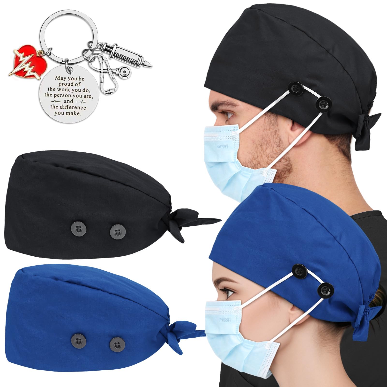 2 Pcs Satin Lined Scrub Cap Nurse Hats for Women Men 4 Buttons