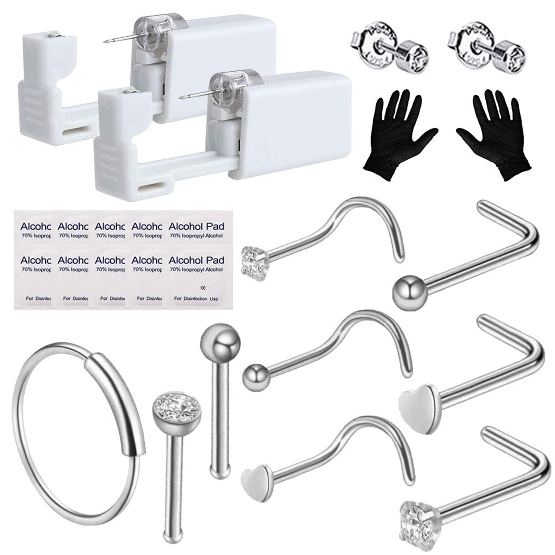 Jewelry Nose Piercing Kit - Romlon Piercing Kit Disposable Sterile Safety Nose Piercing Gun Tools with 9Pcs Nose Rings Studs Piercing Jewelry Set for Women and Girls