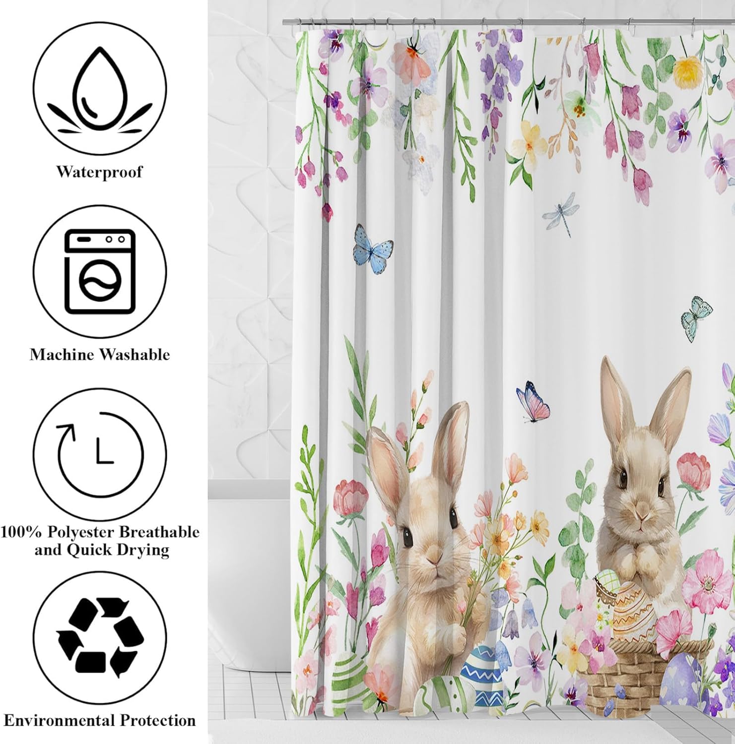 Mocsicka Easter Bunny Shower Curtain Set for Bathroom, 4Pcs Spring Floral Cute Rabbit Easter Bathroom Sets with Non Slip Rugs, Toilet Lid Cover, Bath Mat, Shower Curtain, Bath Decor with 12 Hooks