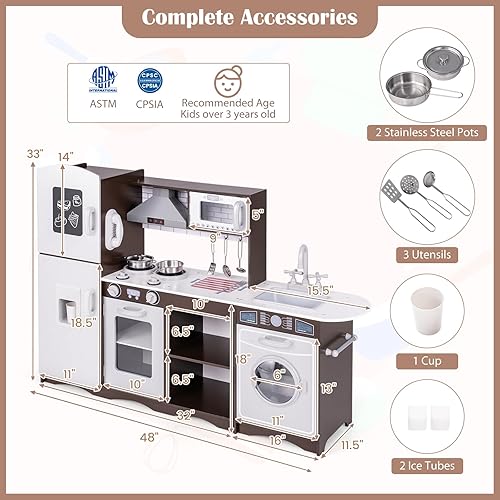 Miniatura 9 de HONEY JOY Juego de cocina para niños, cocina modular de madera de 2 piezas para niños pequeños y lavadora con fregadero, campana extractora
