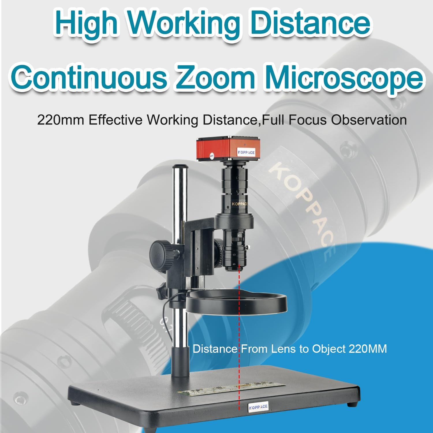 7X-49X Continuous Zoom Electron Microscope Large Field of View 220mm High Working Distance Lens
