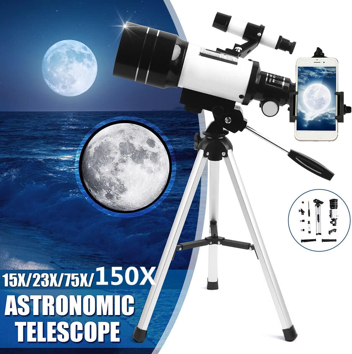 iMeshbean Telescope for Kids&Beginners,70mm Aperture 300mm Astronomical Refractor Telescope(15X-150X), Portable TravelTelescope for Adult with A Finder Scope,Moon Filter,Phone Adapter