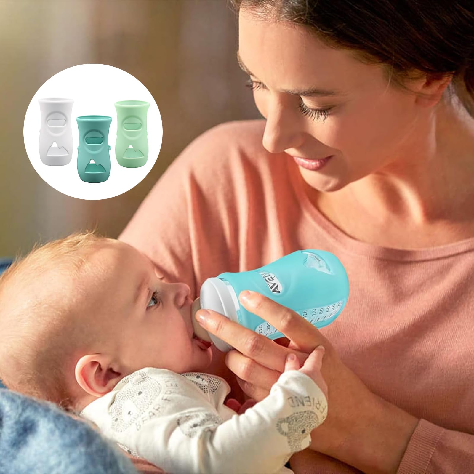 Housses de Biberon Silicone Lot de 3 étuis en Silicone pour Biberons Avent en verre Naturel Compatible en Verre de incassables et sûrs, 240ml Protection pour biberon (A)