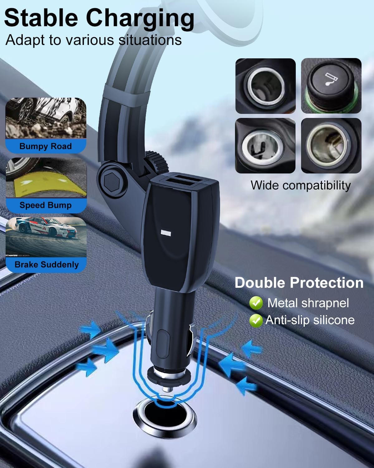 Magnetic Phone Holder for Car Cigarette Lighter [Dual USB Fast Charging] Cigarette Lighter Socket Phone Mount Charger with Adjustable Arm, for iPhone 16 15 14 MagSafe Car Mount