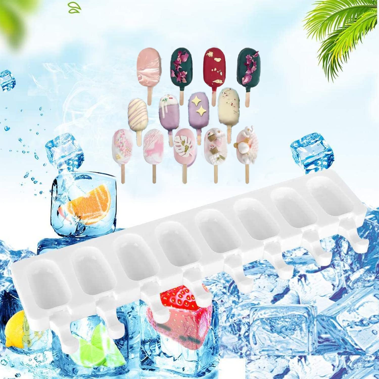 Molde helado,Kmolde helados silicona con palo,Moldes helados silicona 2 Unidades 8 Cavidades Con Aplicar para Hacer forma de helado,Postre Chocolate Helado Pastel de piruletas molde helados