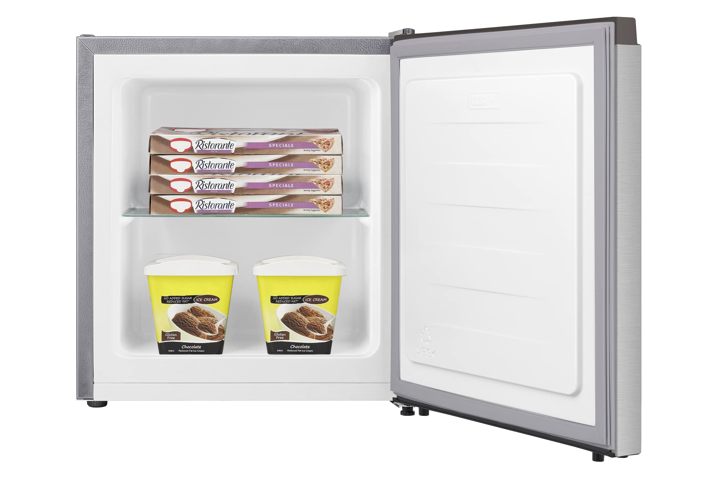 YUNA Mini Gefrierschrank SEREBRO FROST XS GB32 E mit 34l SILBERN bis - 18°C wechselbarer Türanschlag 147 kW höhenverstellbare 39 dB Gefrierbox Camping Büro freistehend