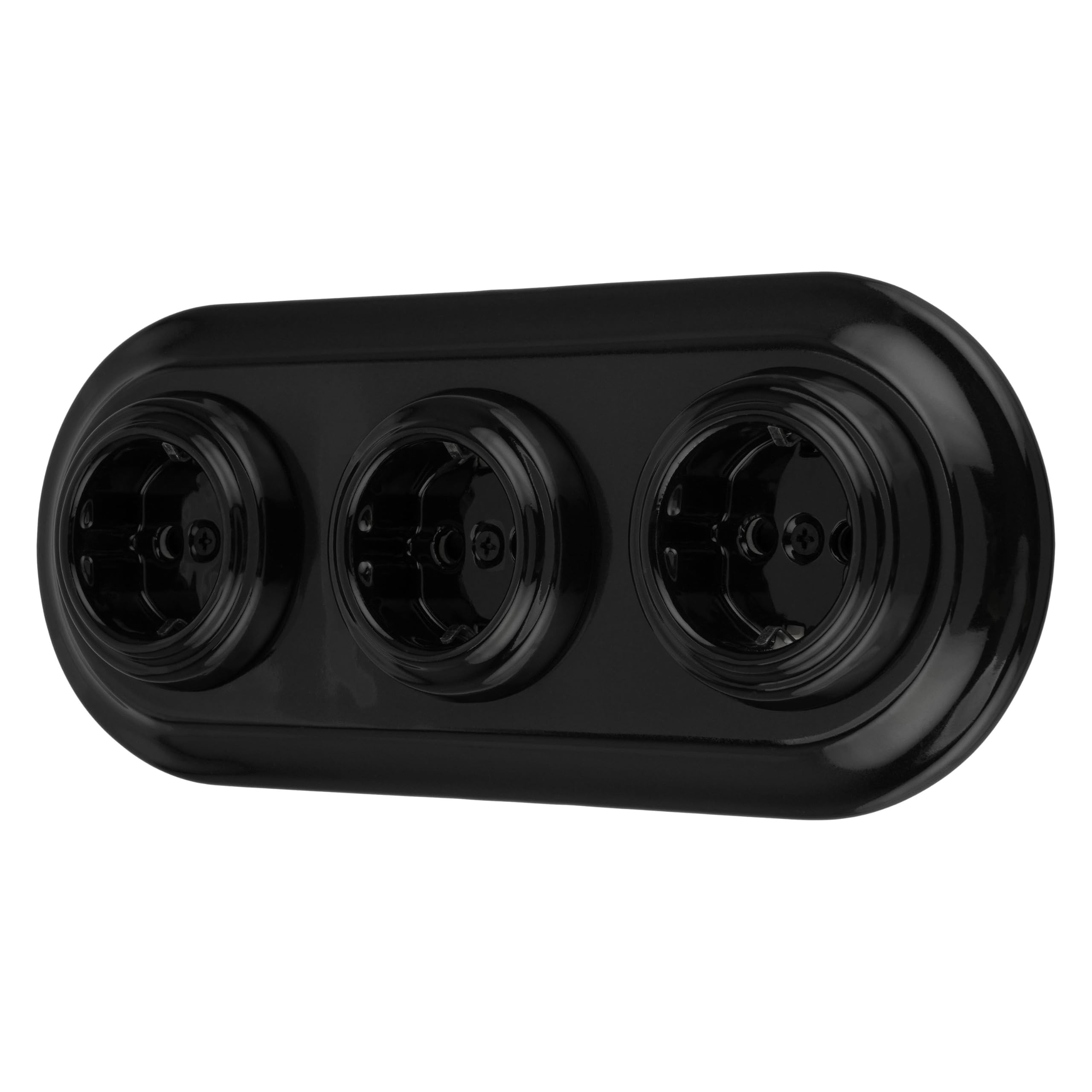 Unterputz Porzellan Retro Steckdose 3-fach, All-in-One, SET Serie PR1 schwarz