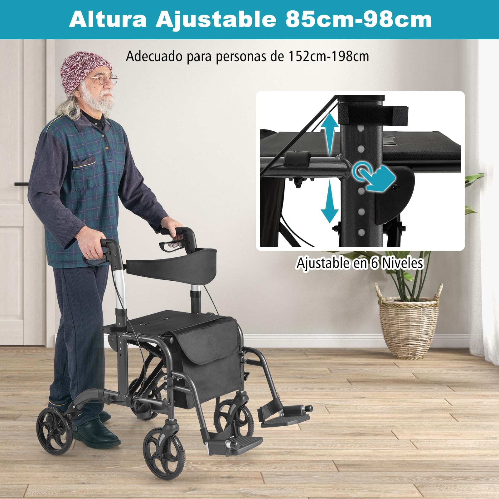 COSTWAY 2 en 1 Andador para Ancianos con Asiento, Andador Rollator Multiusos con Alturas Ajustables de 6 Niveles, Soporte para Bastón/Paraguas, Andador Plegable para Personas Mayores (Negro)