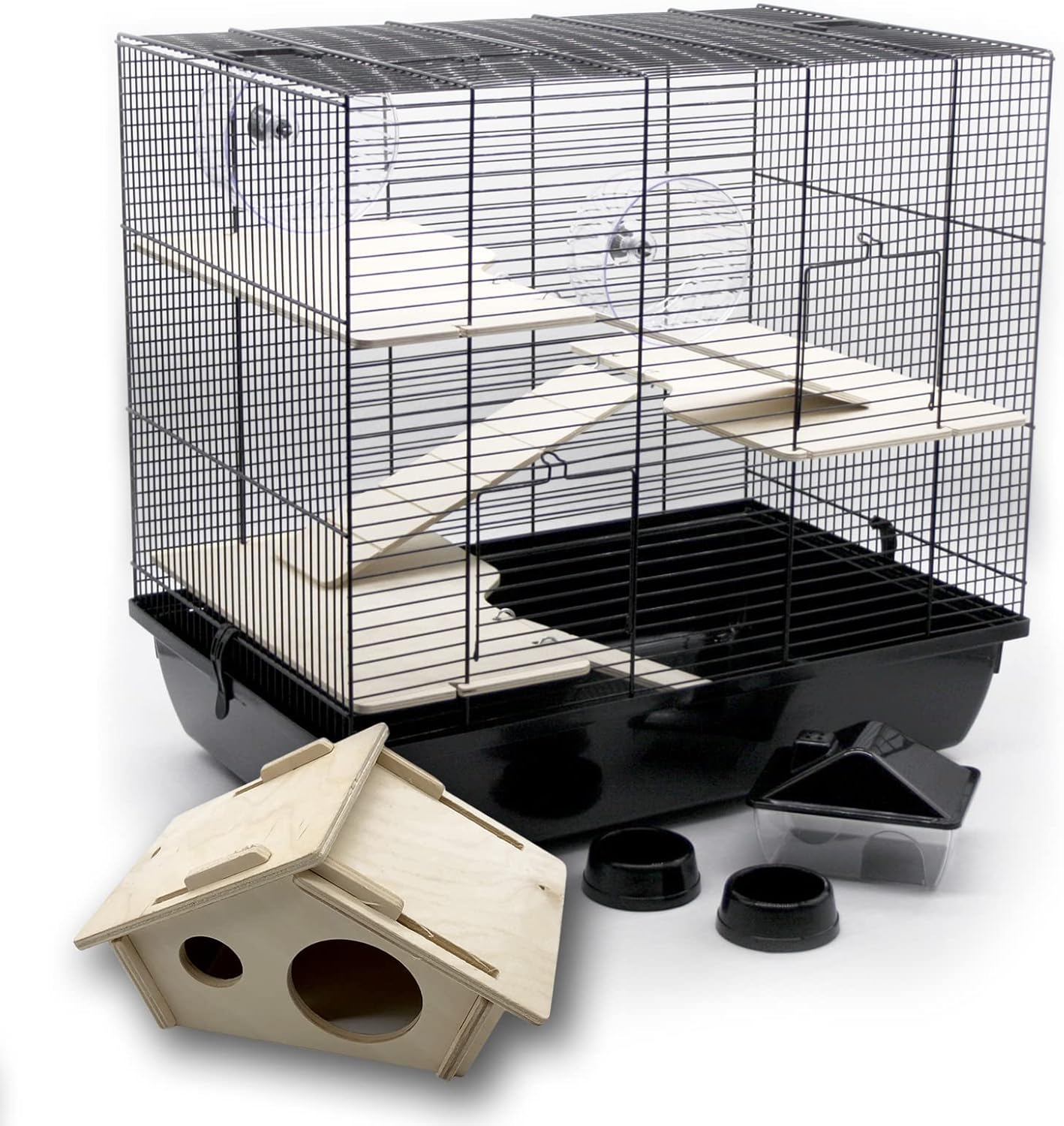ZooPaul Premium Nagetierkäfig für Kleintiere, Schwarz, mit Holzzubehör, 60 x 36 x 54 cm, Mäuse- und Hamsterkäfig