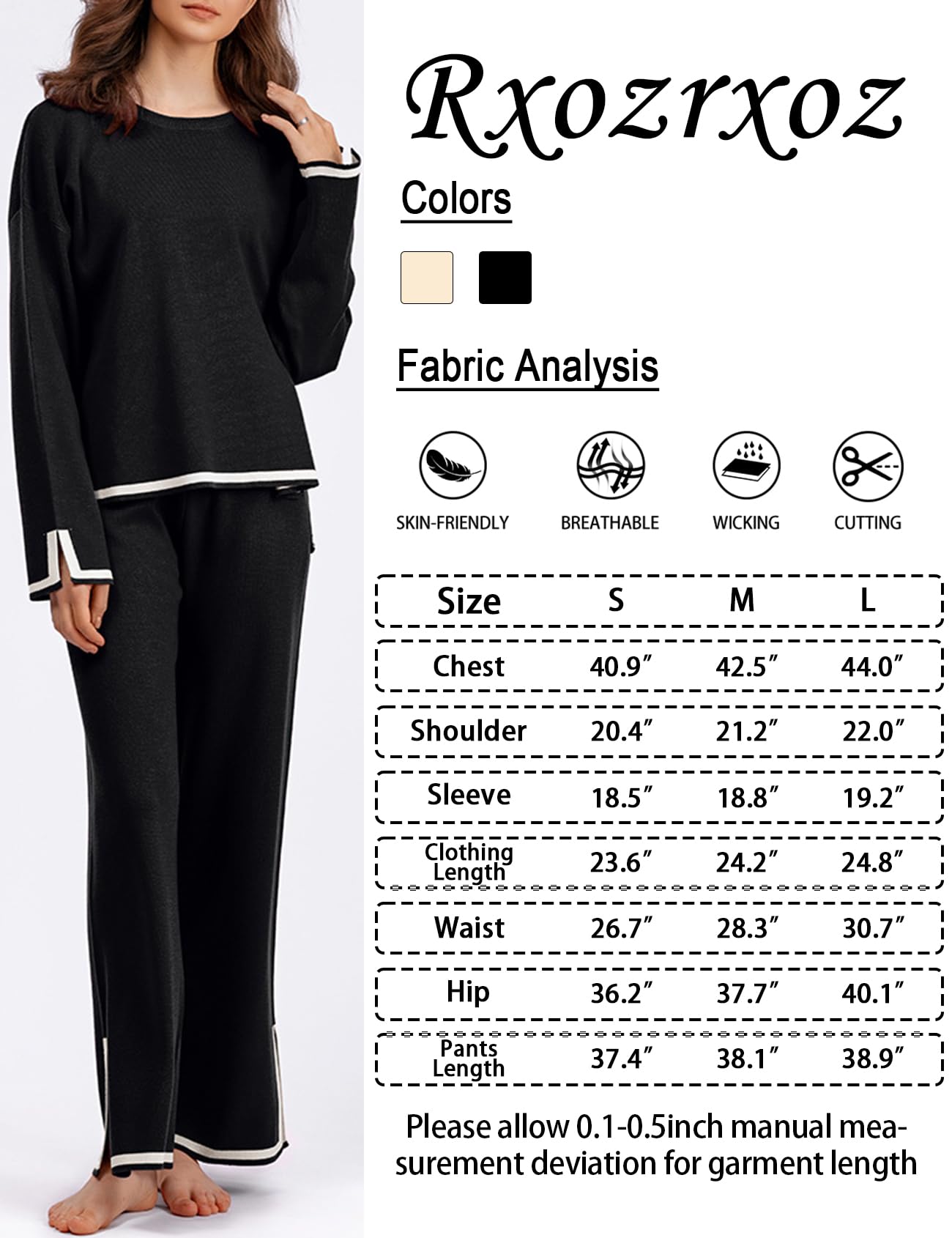 Rxozrxoz Damen-Pullover-Set, langärmelig, Strickpullover, Oberteile, weites Bein, Hose, 2-teiliges Outfit, Lounge-Sets