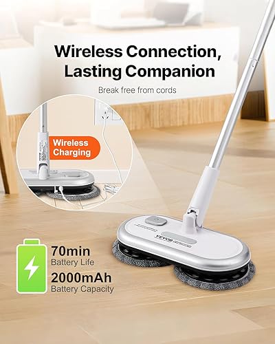 Miniatura 5 de VEVOR Trapeador eléctrico inalámbrico, batería potente de hasta 70 minutos, trapeador eléctrico giratorio con cabezales giratorios dobles, 4