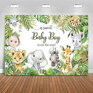 Mocsicka Safari Baby Shower Backdrop Jungle Animals Baby Shower Background Zoo Animals Boy Baby Shower Party Cake Table Decoration Banner (7x5ft)