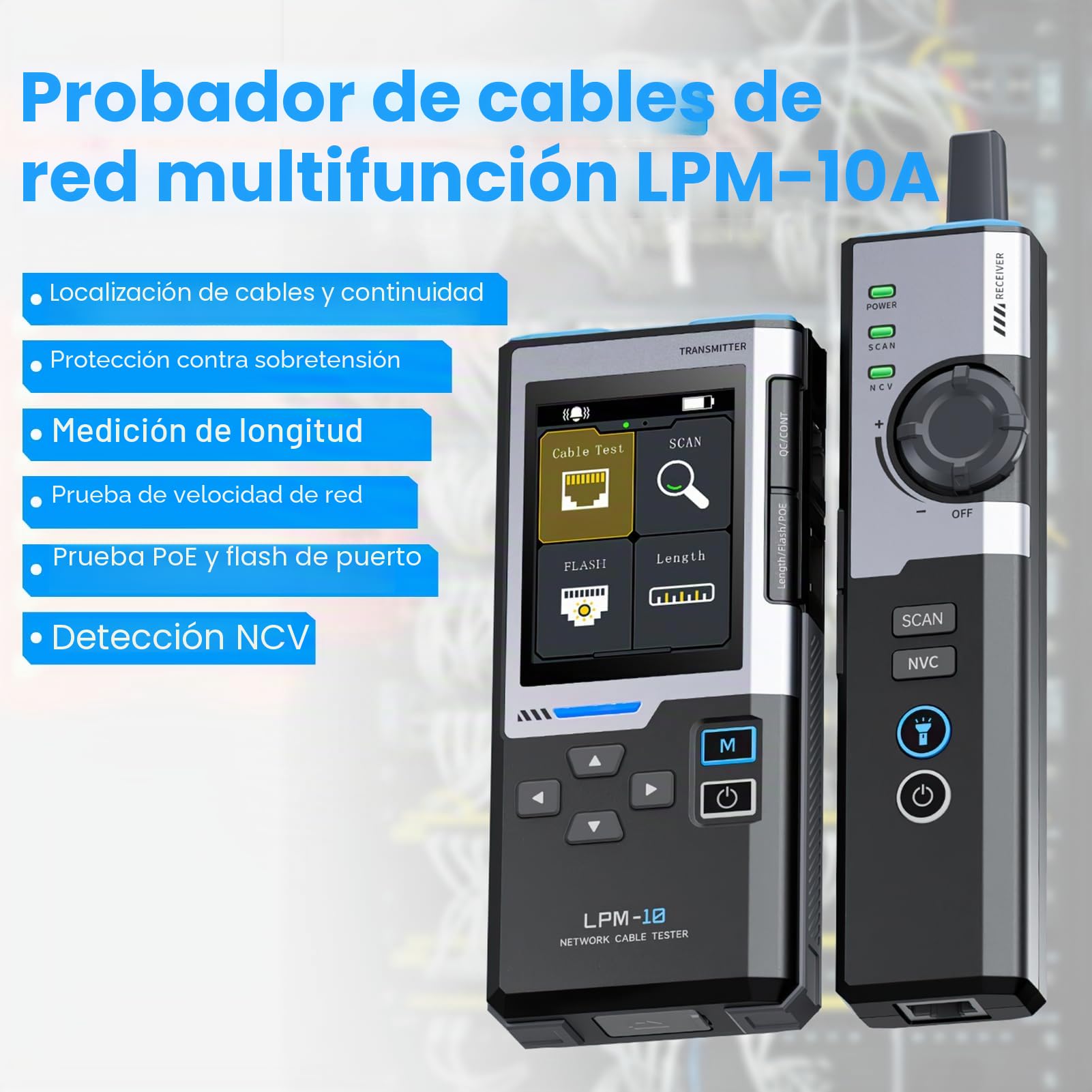 Probador de Red RJ45, LPM-10 Comprobador de Cables, Reconocimiento de Cables POE sin interferencias, LAN Ethernet Tester Network Tester para prueba contracción, medición velocidadcable,flashing puerto