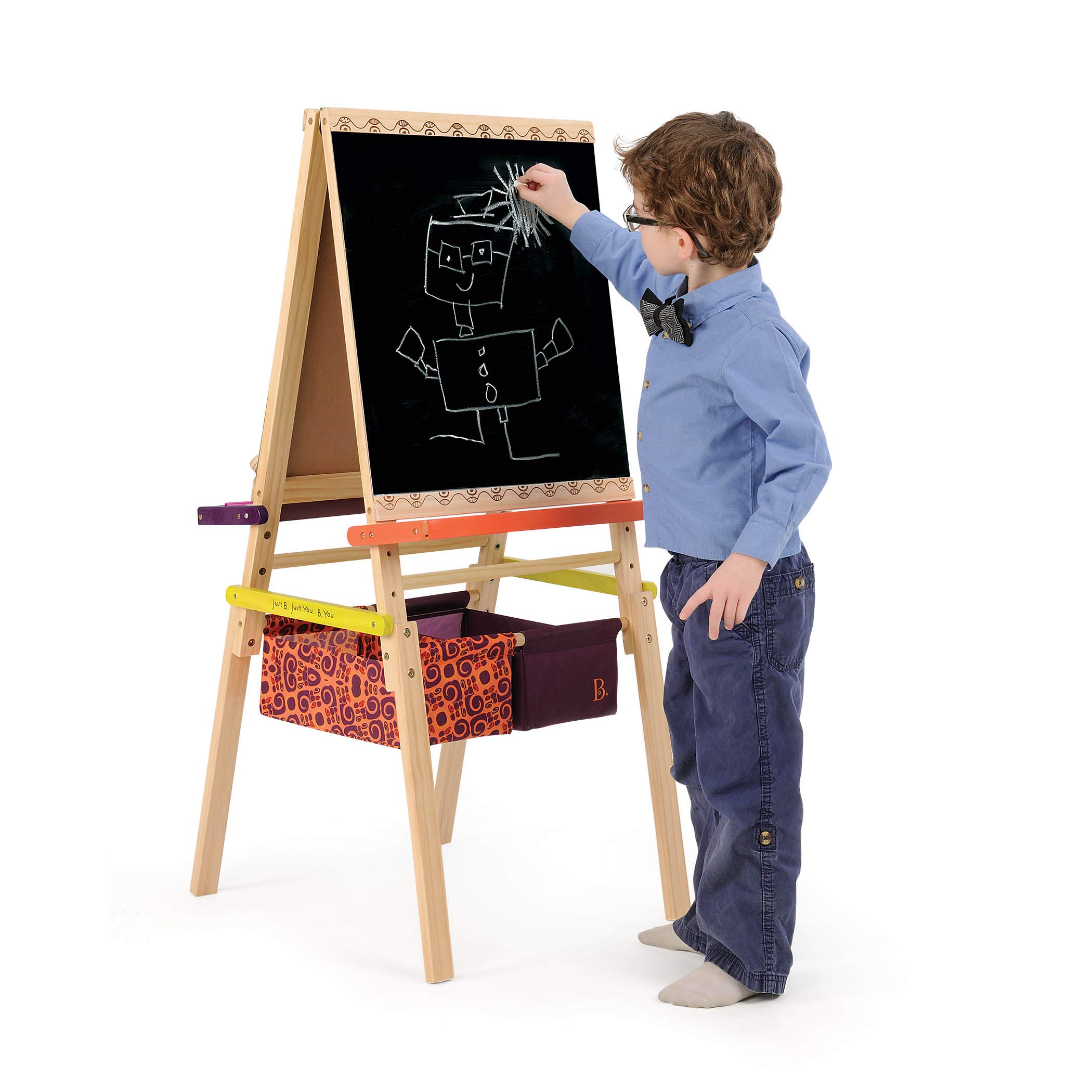 B. toys Tafel Kinder, Maltafel mit Kreidetafel, Whiteboard, Papierhalterungen, Ablagen und 2 Behälter für Zubehör – Staffelei Holz Spielzeug ab 3 Jahre