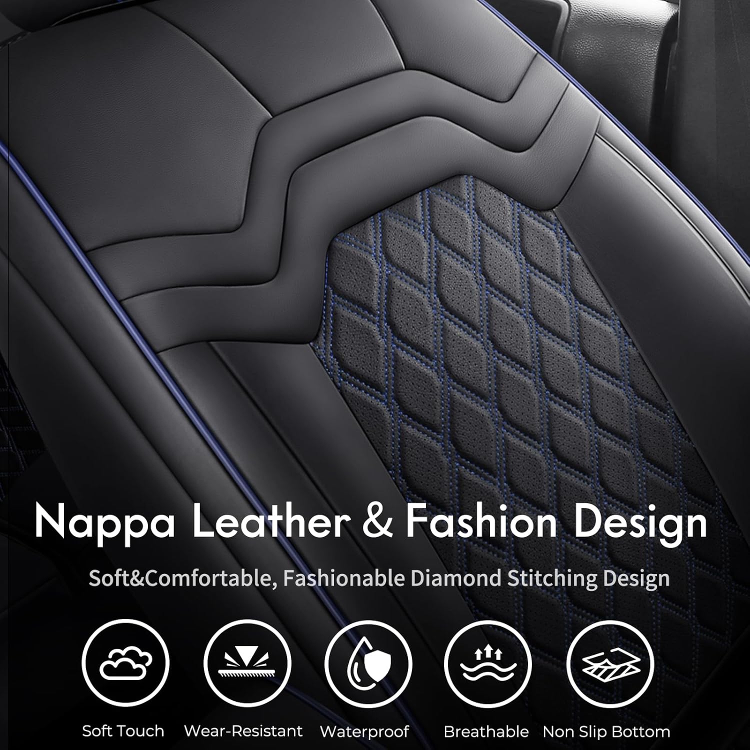 Huidasource Wrangler JL Seat Covers 4 Door 2018-2025, Wrangler Leather Seat Cover Full Set, Custom Fit Seat Protector for Jeep Wrangler JL 4-Door Without Rear Cupholder (Full Set/Black&Blue)