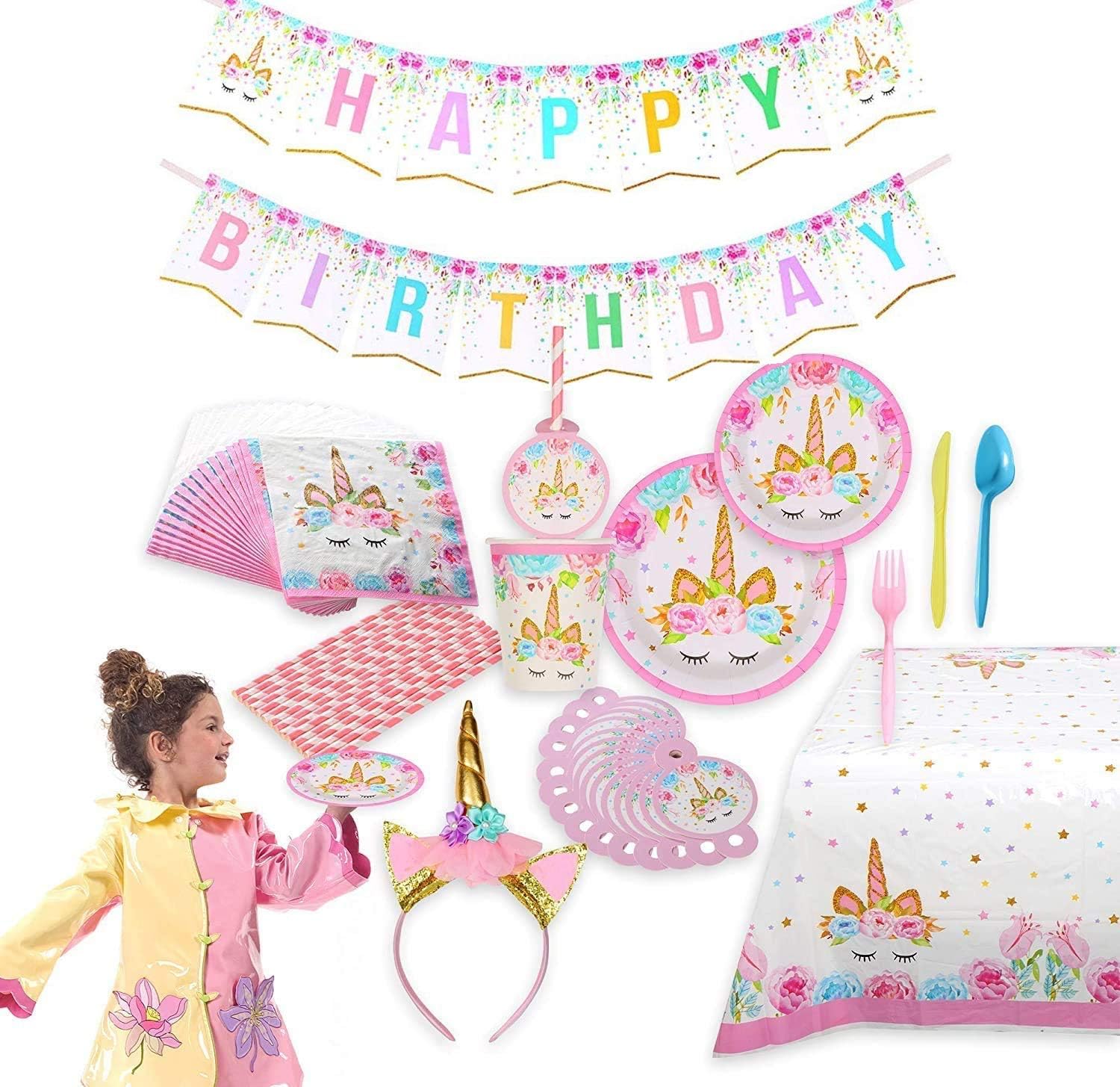Unicorn Themed Party Supplies Kit Serves 16,147 pieces-Perfect For Girls Birthday & First Birthday - Bonus Happy Birthday Banner,Table Cloth & Unicorn Headband
