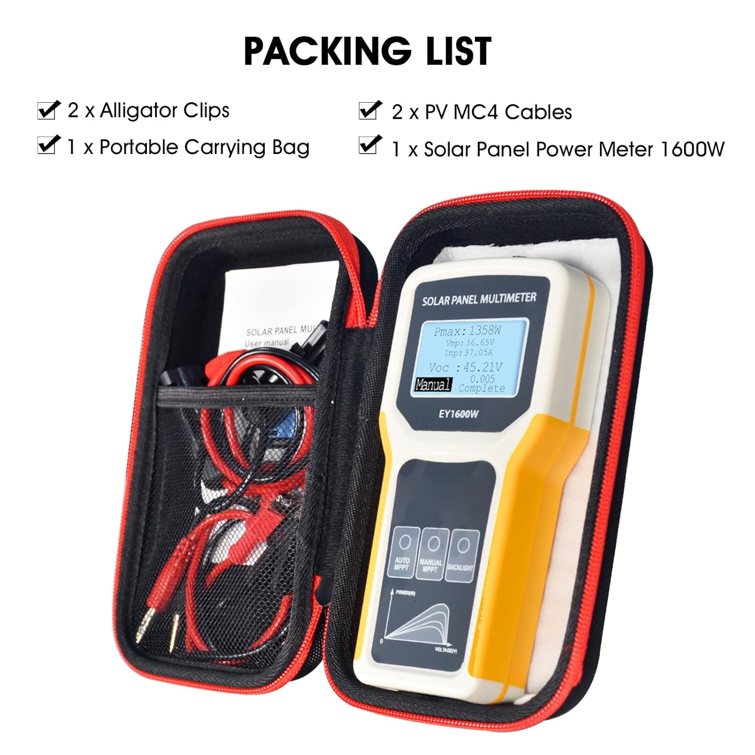 Solar Panel MPPT Tester 1600W, Portable Photovoltaic Multimeter Tracking Max Power Point Watt Volt Current, Open Circuit Voltage, Ultra Clear Backlit LCD Display, MC4 Connector Alligator Clip Included