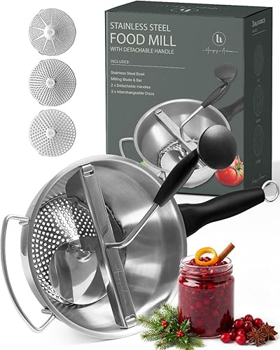 Molinillo de alimentos de acero inoxidable con asas desmontables, molinillo de manivela para alimentos para bebés, salsa de tomate y puré de papas,