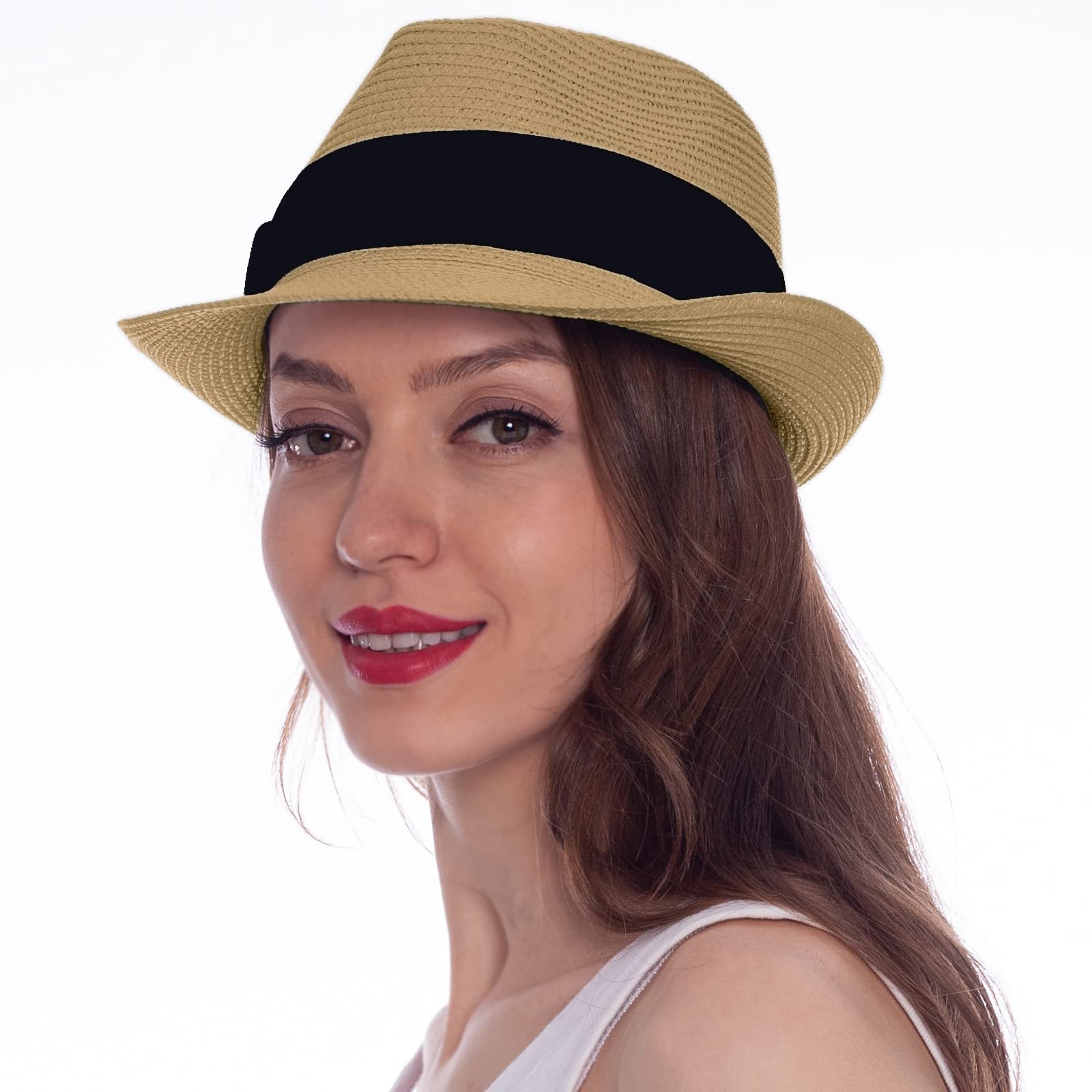 HEYANN Sombrero de paja Panamá, sombrero de Fedora, sombrero Trilby para mujer, sombrero de paja con ala corta, sombrero de paja para el sol, sombrero de playa clásico para verano