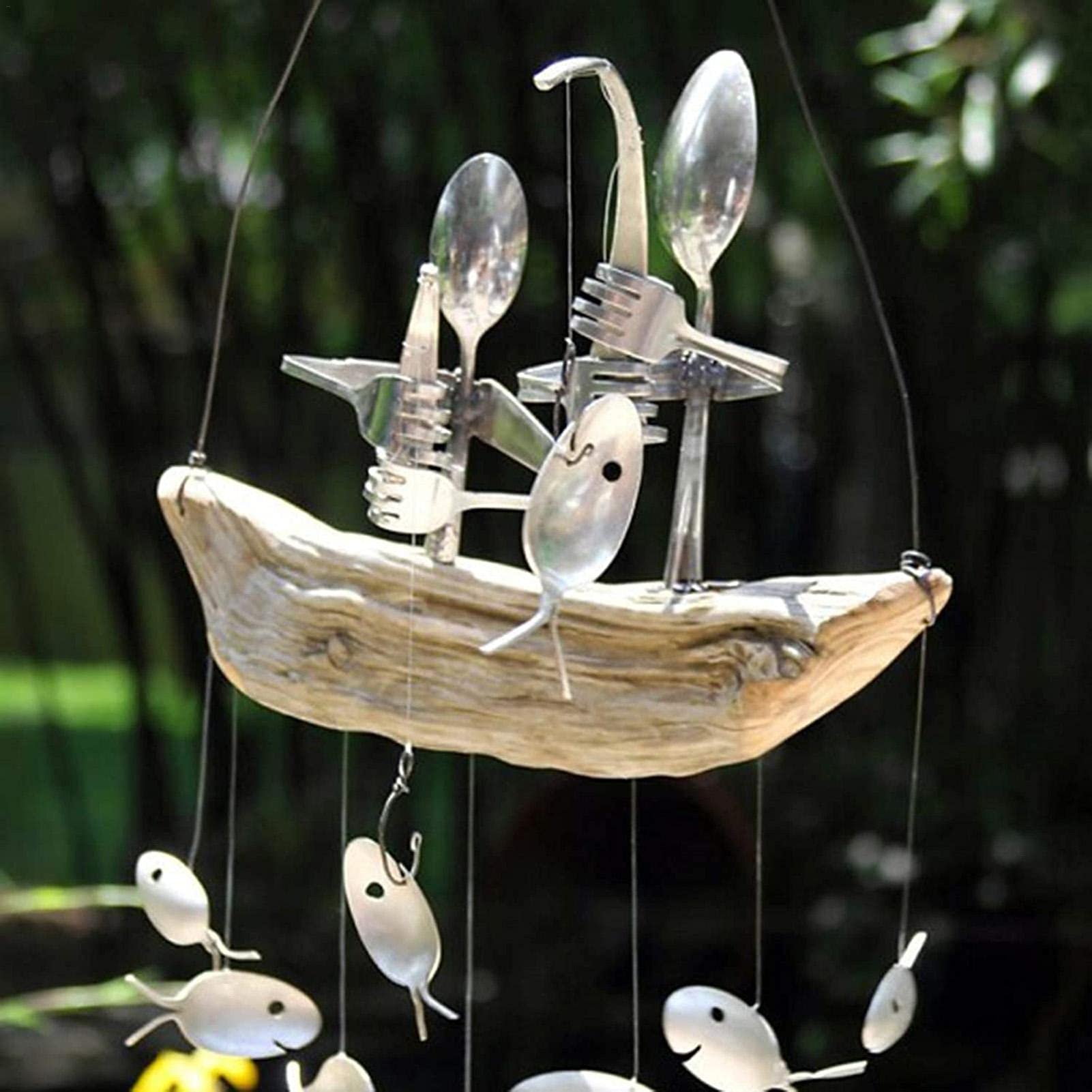 Angler Windspiel, Besteck Mann Fischlöffel Fisch Windspiel Angeln Mann Löffel Fischskulpturen Windspiel, Kreatures Design Küstenstil Windspiel Indoor Outdoor Hanging Room Ornament