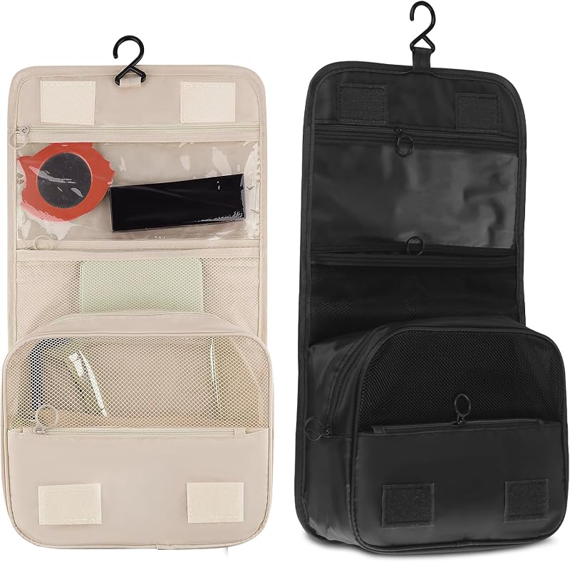 Motroce Necessaire de viagem suspensa dobrável com gancho, bege e preto, pacote com 2
