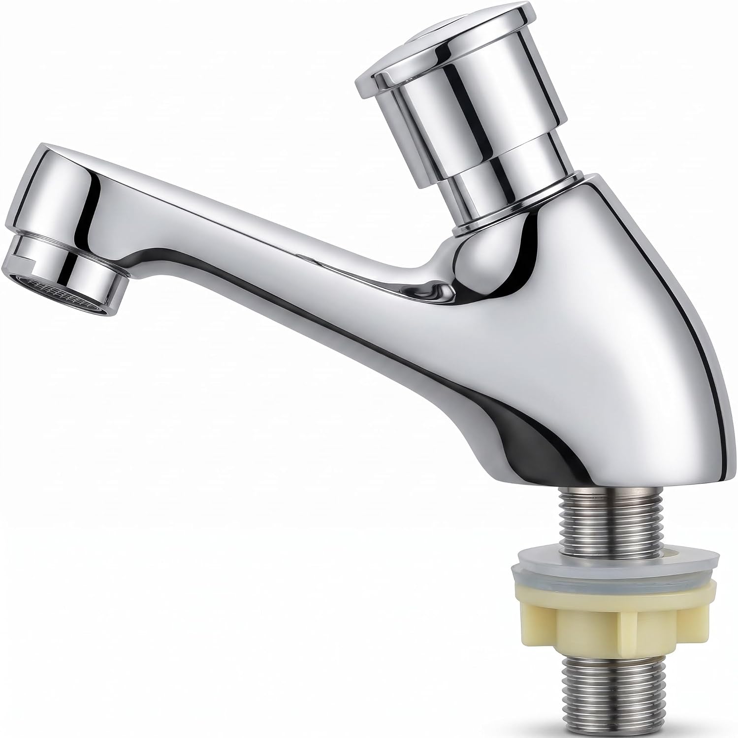 Time Delay Faucet G1/2 Thread, Self Closing Water Saving Tap Copper Chrome Plated, Single Cold Metering Valve for Public Outdoor and Laundry Utility